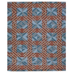 Blue Swedish Style Handmade Wool Rug with Geometric Design