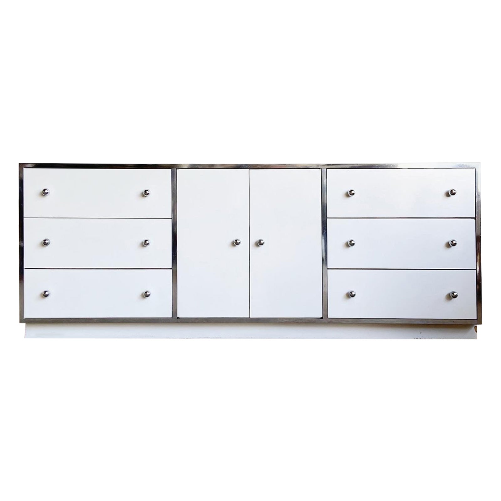 Postmodern White Lacquer Laminate and Chrome Dresser, 9 Drawers