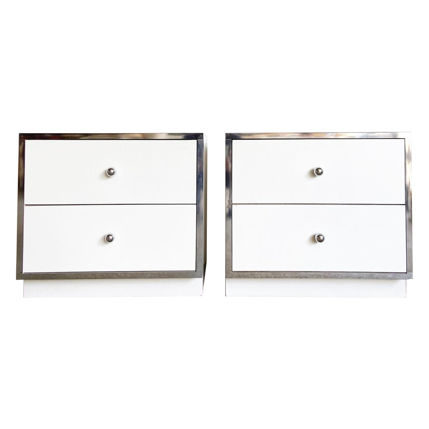 Postmodern White Lacquer Laminate and Chrome Nightstands, a Pair
