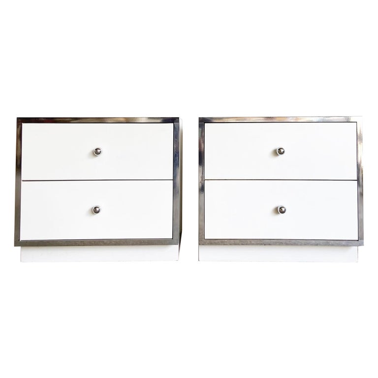 Postmodern White Lacquer Laminate and Chrome Nightstands, a Pair For Sale  at 1stDibs
