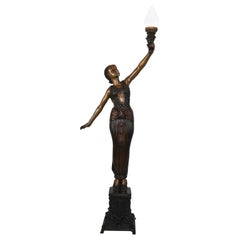 French Art Deco Style Life-Size Bronze Lamp Statue with Torchiere