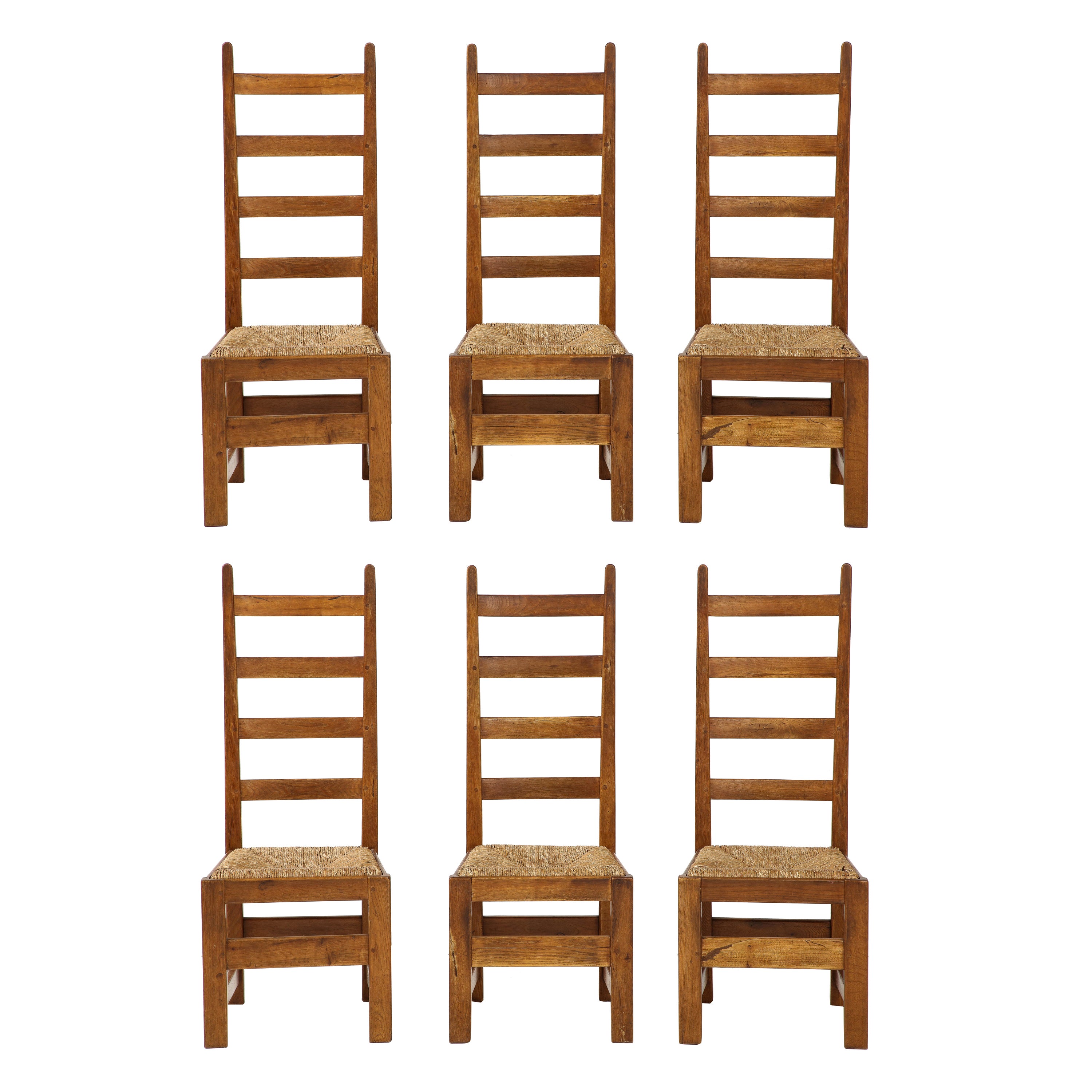 Set Six French High Back Oak & Rush Rustic Modern Chairs, C. 1950, Signed For Sale