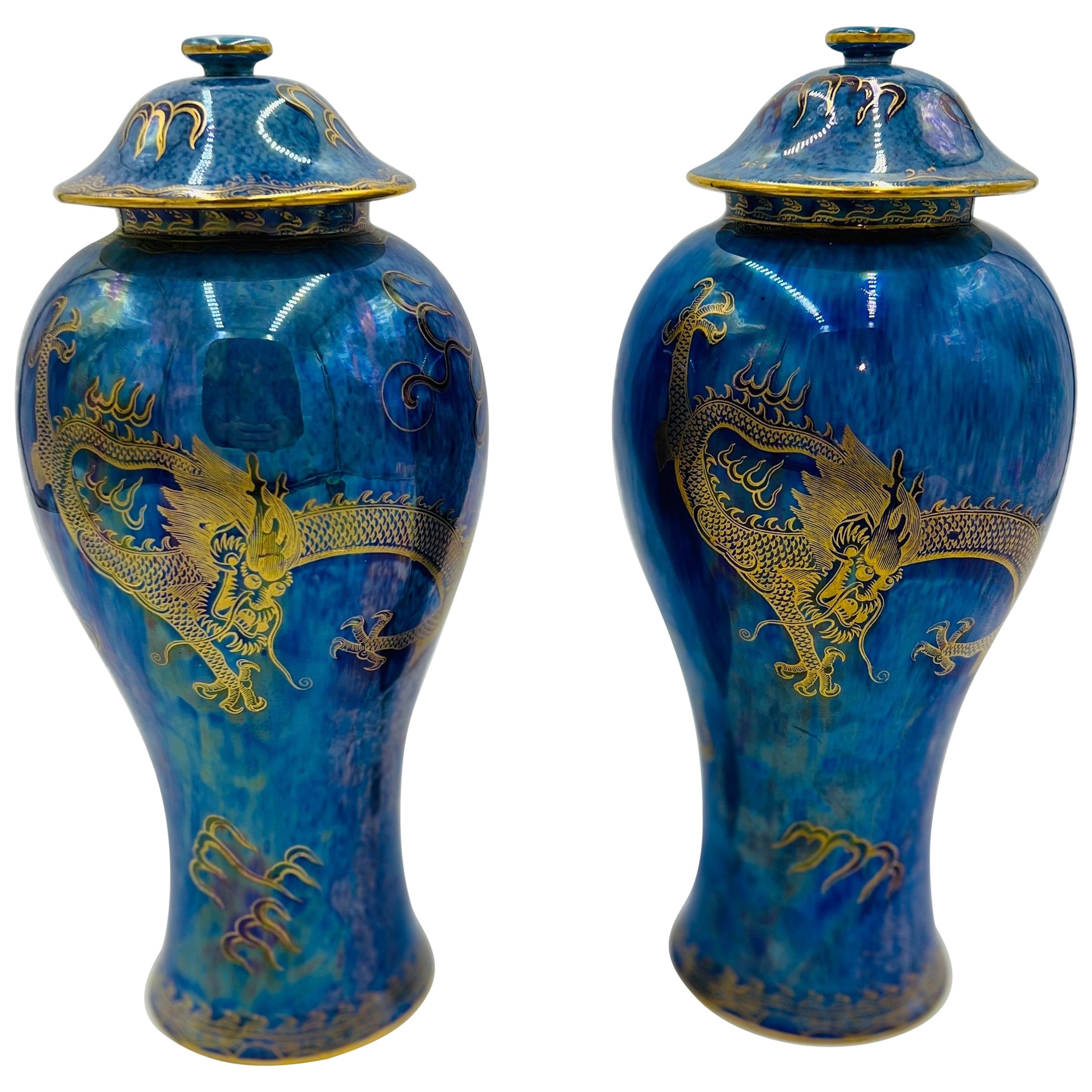 Pair, Wedgwood Fairyland Lustre Celestial Dragon Urns, circa 1920 For Sale