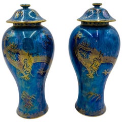 Vintage Pair, Wedgwood Fairyland Lustre Celestial Dragon Urns, circa 1920