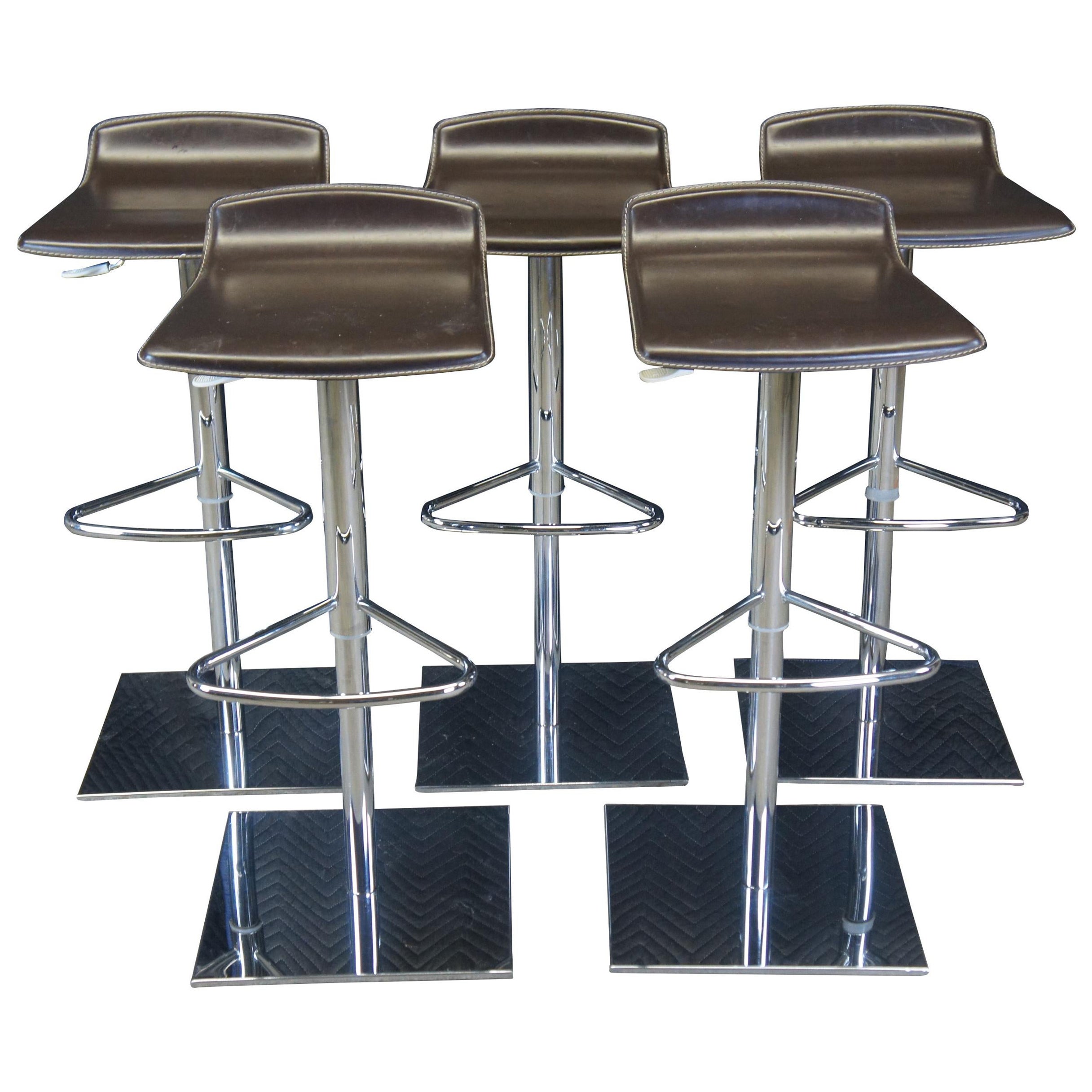 5 Frontgate Modern Contoured Brown Leather & Chrome Adjustable Piston Bar Stools For Sale