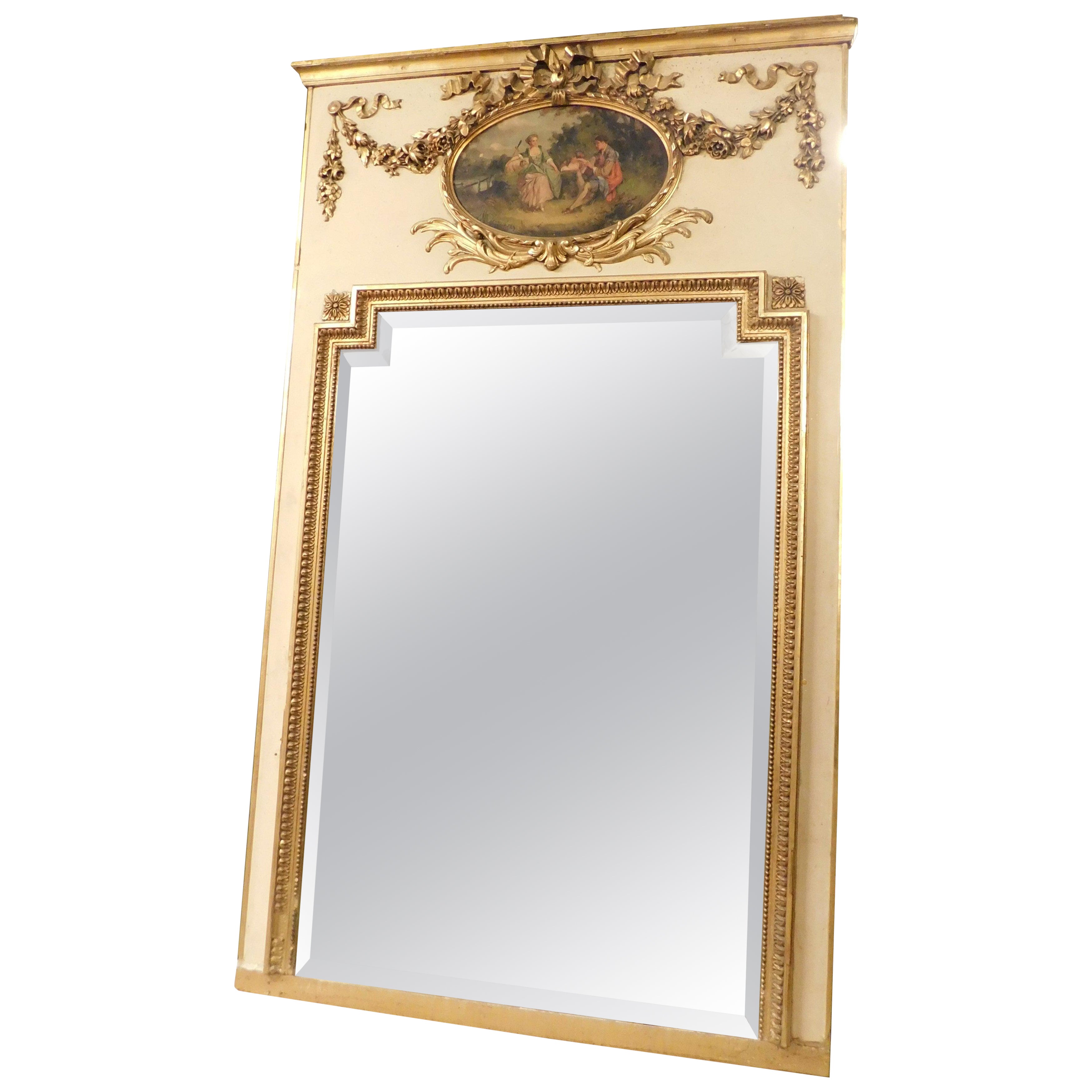 Antique Gilded and Hand-Lacquered Mirror, with Painting, 19th Century, Italy For Sale