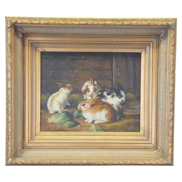 20th Century Realist Bunny Portrait Oil Painting Farmhouse Rabbits Gold ...