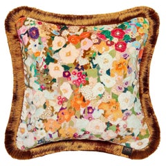 HOLLYHOCKS Medium Fringed Velvet Cushion - Spring