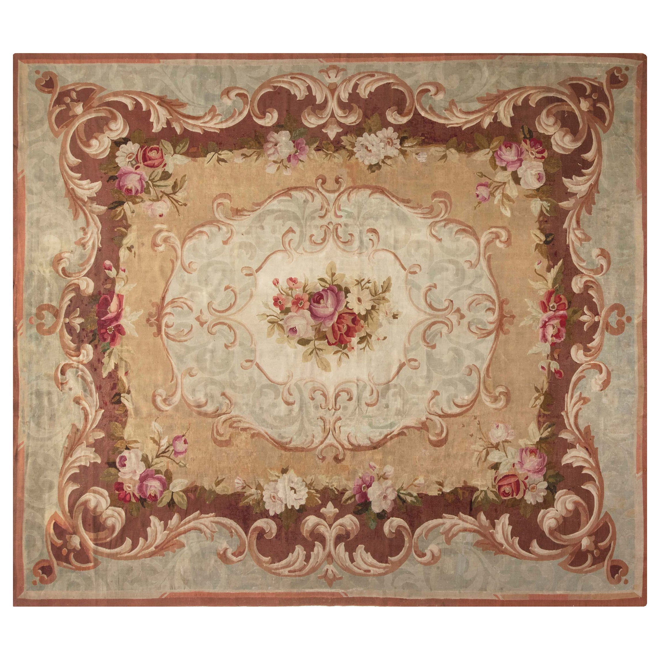 Antique French Aubusson Floral Handwoven Wool Rug For Sale