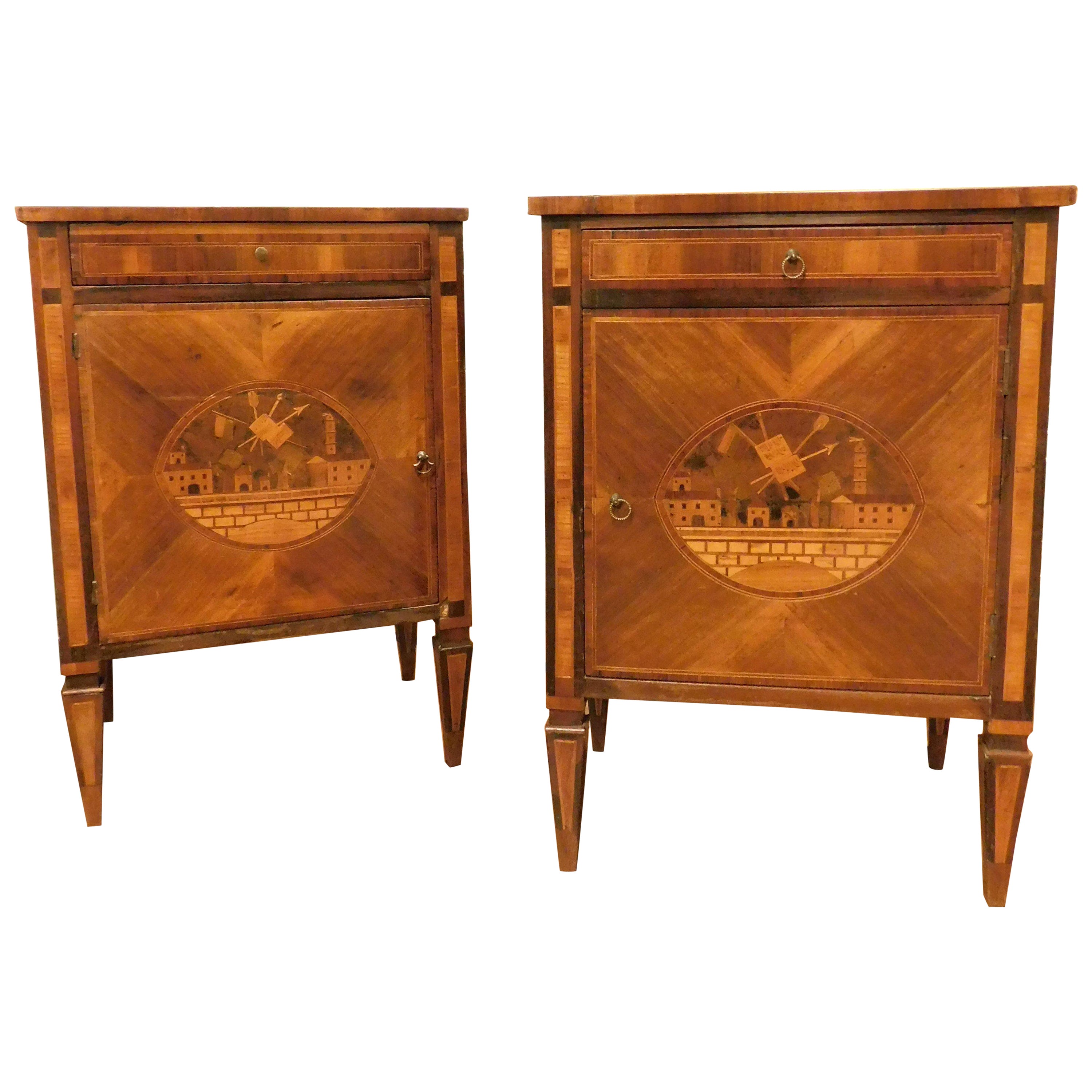 Pair of Walnut and Boxwood Veneered Bedside Tables, 18th Century, Italy