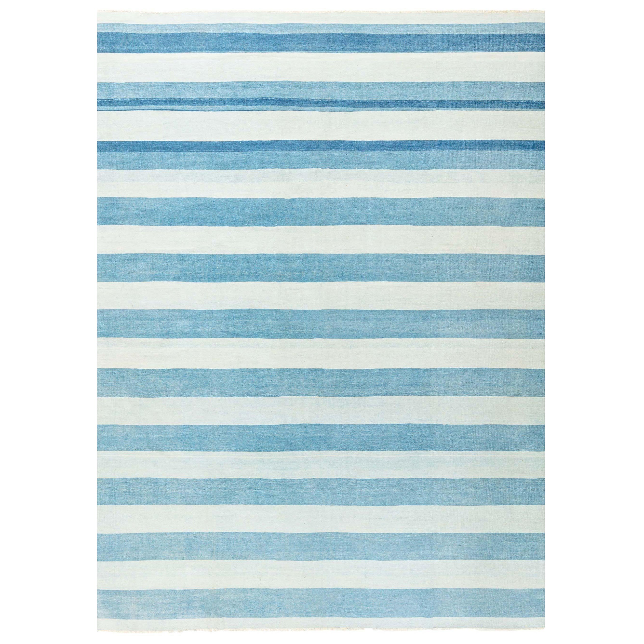 Vintage Indian Dhurrie Striped Blue Rug For Sale at 1stDibs