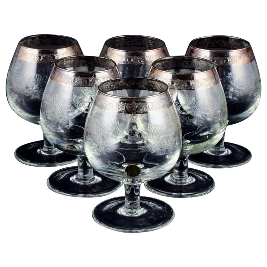 Murano, Italy, Six Mouth-Blown and Engraved Brandy Glasses with Silver Rim For Sale