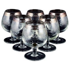Murano, Italy, Six Mouth-Blown and Engraved Brandy Glasses with Silver Rim