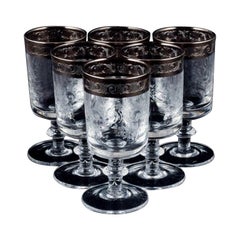 Murano, Italy, Six Mouth-Blown and Engraved Dessert Wine Glasses with Silver Rim