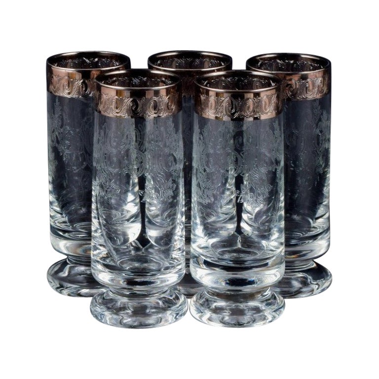 Murano, Italy, Five Mouth-Blown and Engraved Drinking Glasses with Silver Rim For Sale
