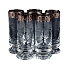 Murano, Italy, Five Mouth-Blown and Engraved Drinking Glasses with Silver Rim