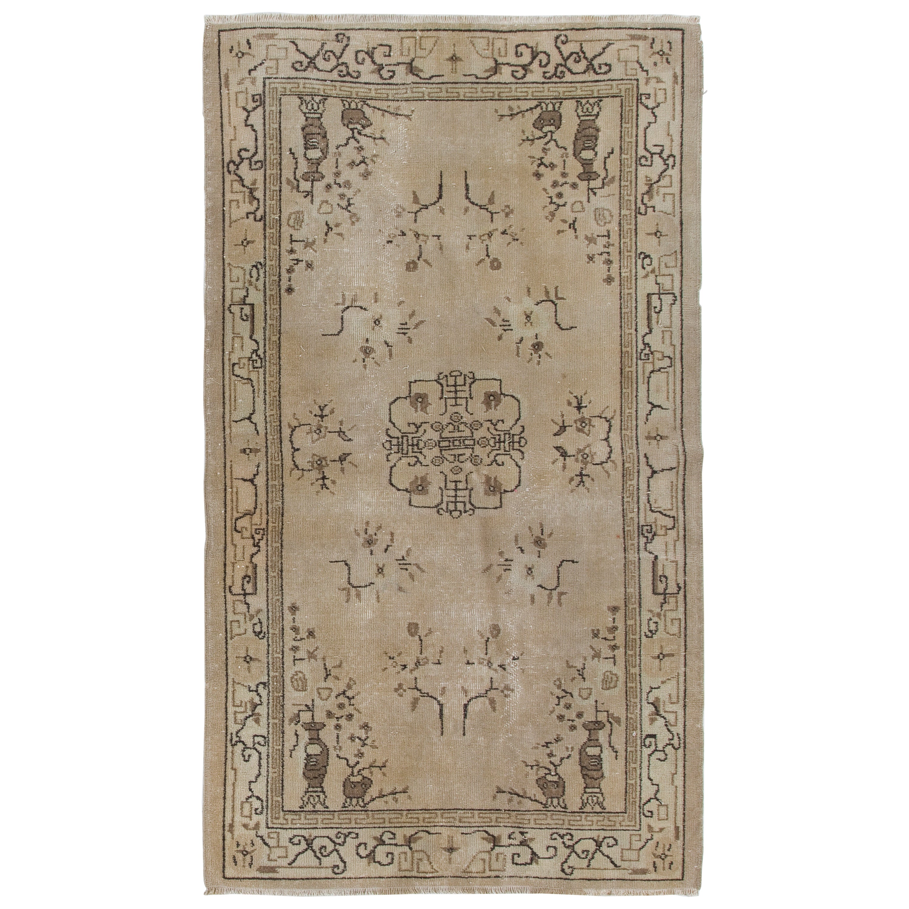 4x6.7 ft Art Deco Chinese Design Vintage Rug in Beige, Brown and Taupe For Sale