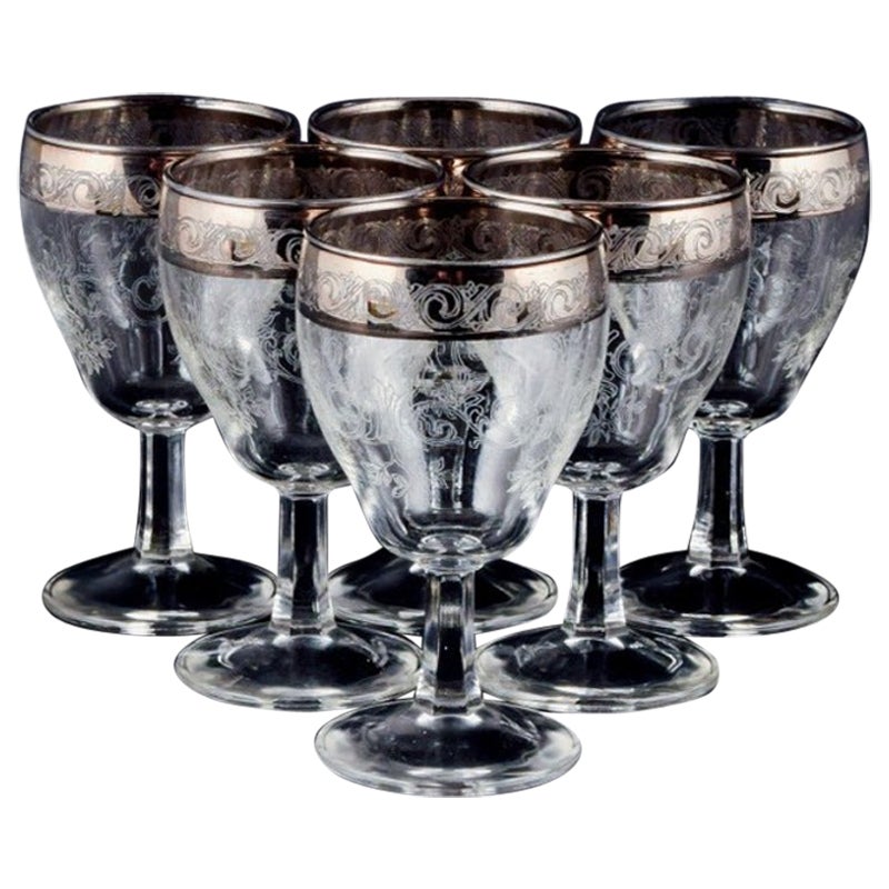 Murano, Italy, Six Mouth-Blown and Engraved Port Wine Glasses with Silver Rim For Sale