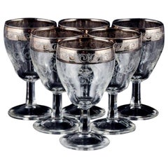 Murano, Italy, Six Mouth-Blown and Engraved Port Wine Glasses with Silver Rim