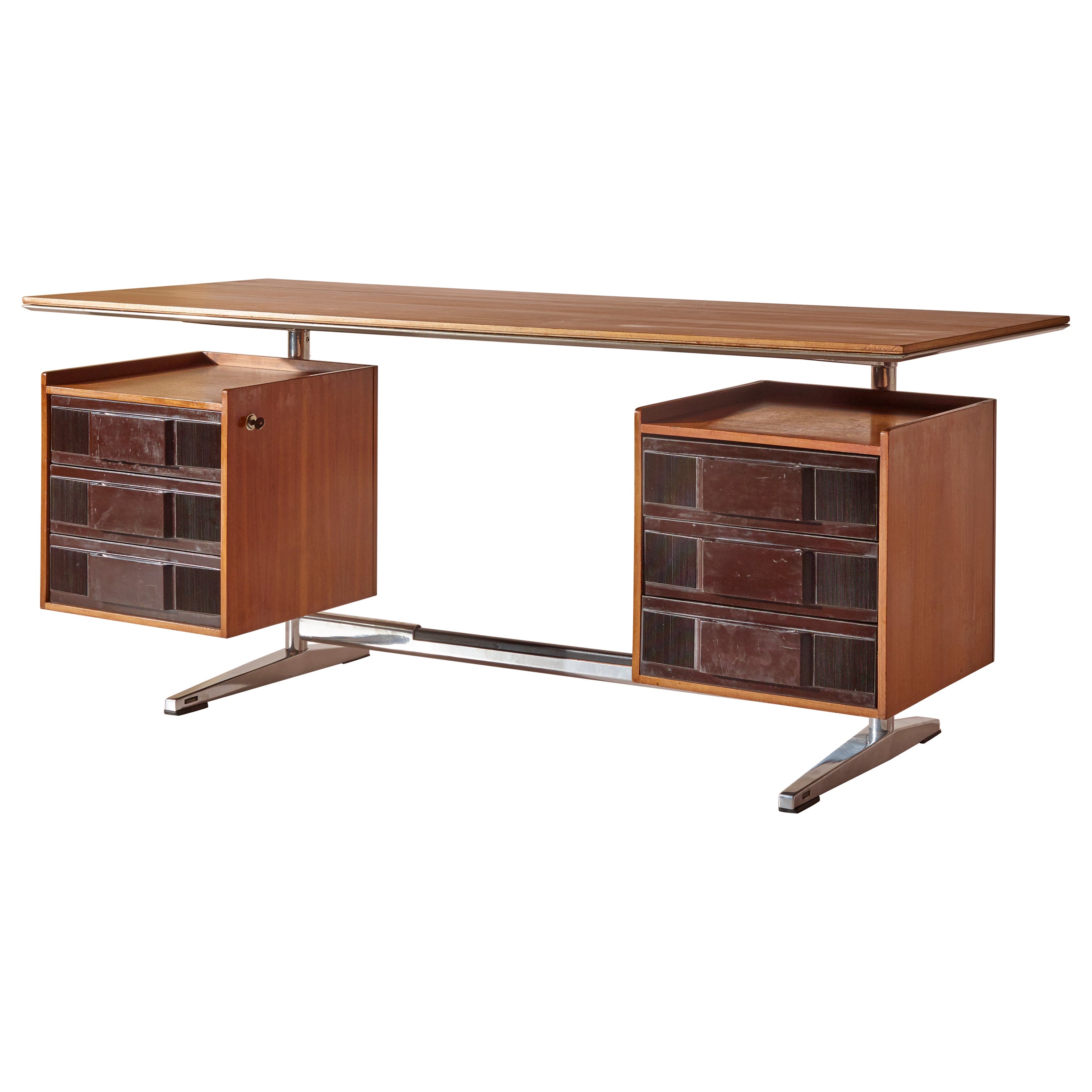Gio Ponti Desk for RIMA Made in Walnut, Chromed Steel and Plastic. Italy, 1950s For Sale