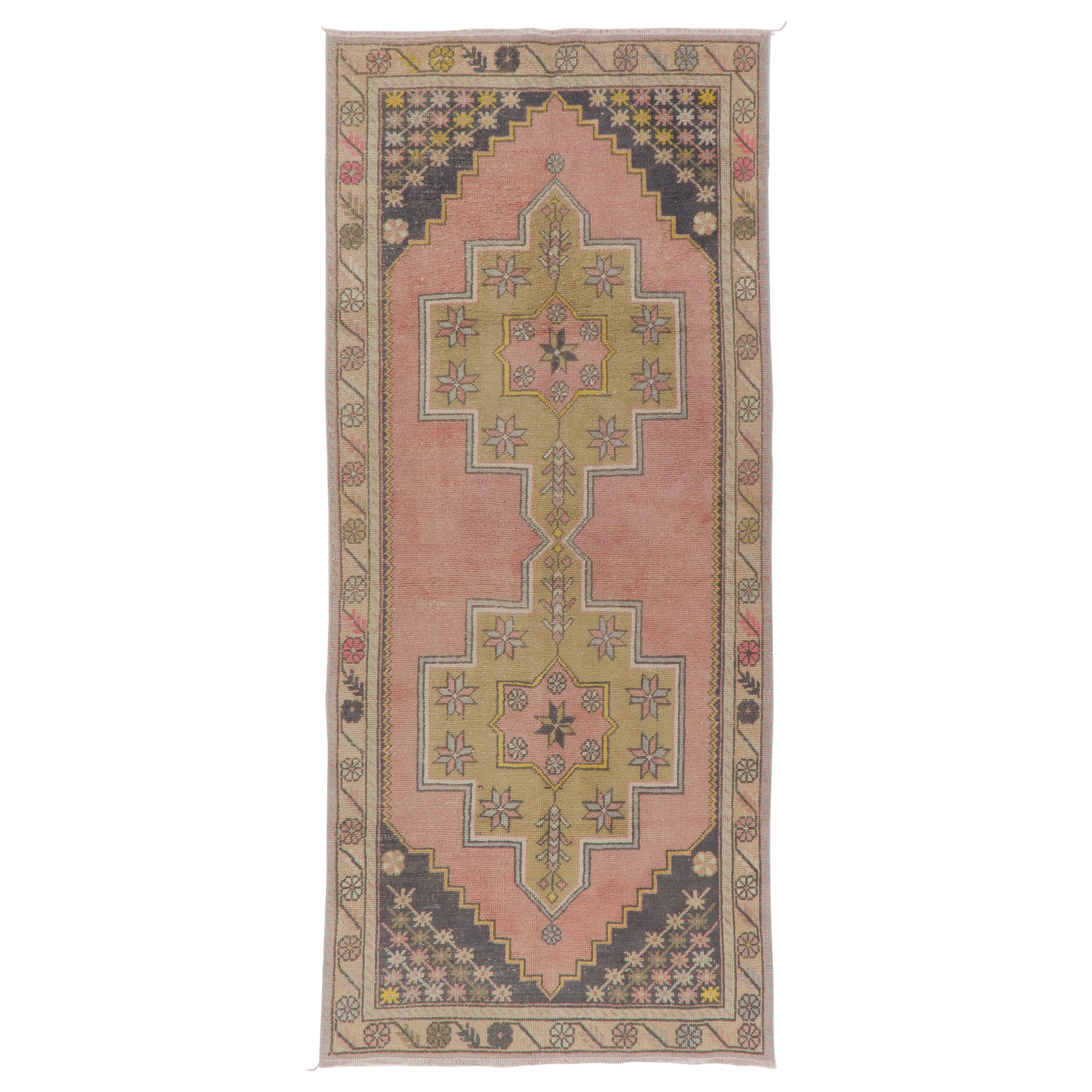 4'x9' handgeknüpfter türkischer Vintage-Teppich aus Wolle mit geometrischem Design in gedämpften Farben