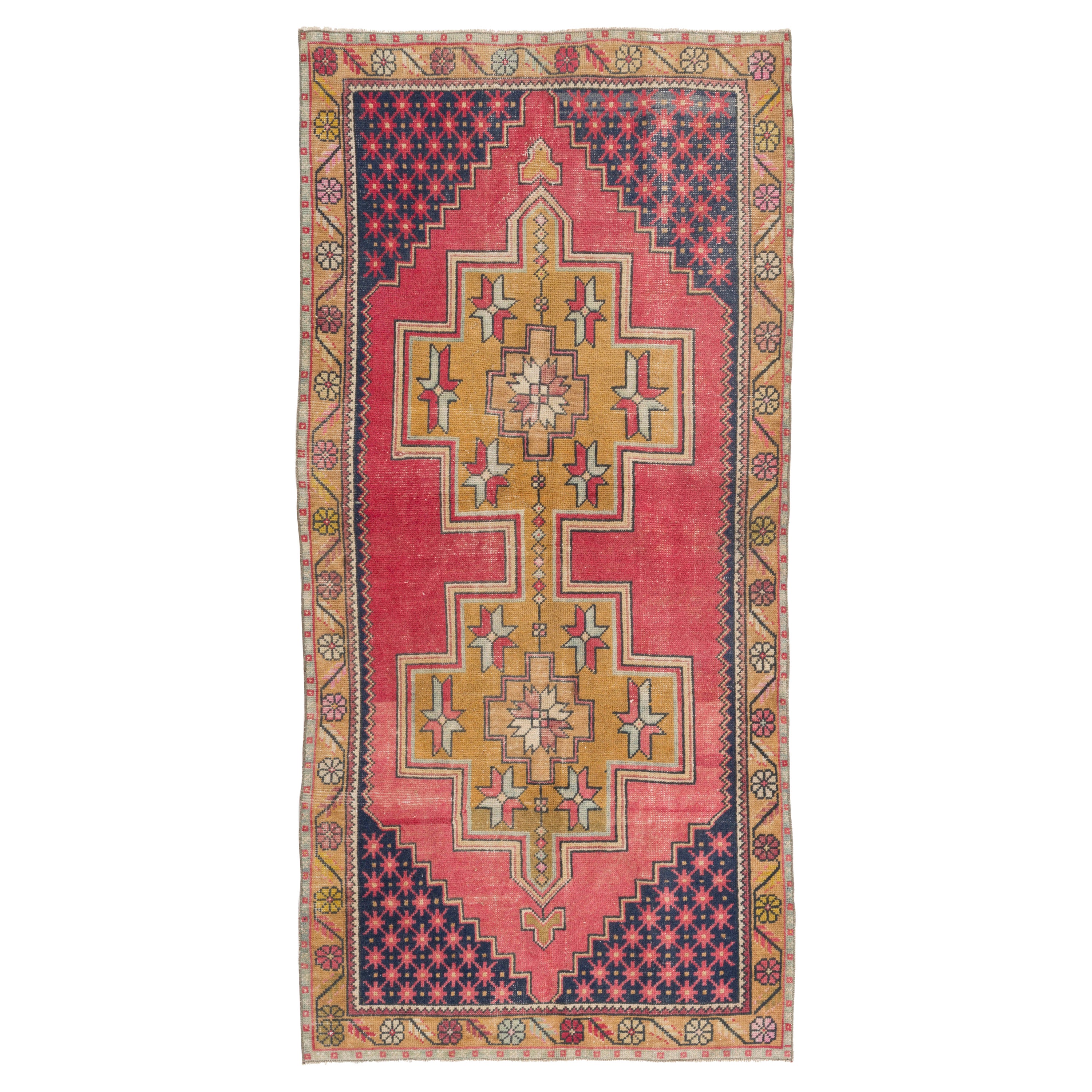 Handgeknüpfter türkischer Vintage-Teppich mit Wollflor in Rot und Gold, 4.2x8.6 Ft