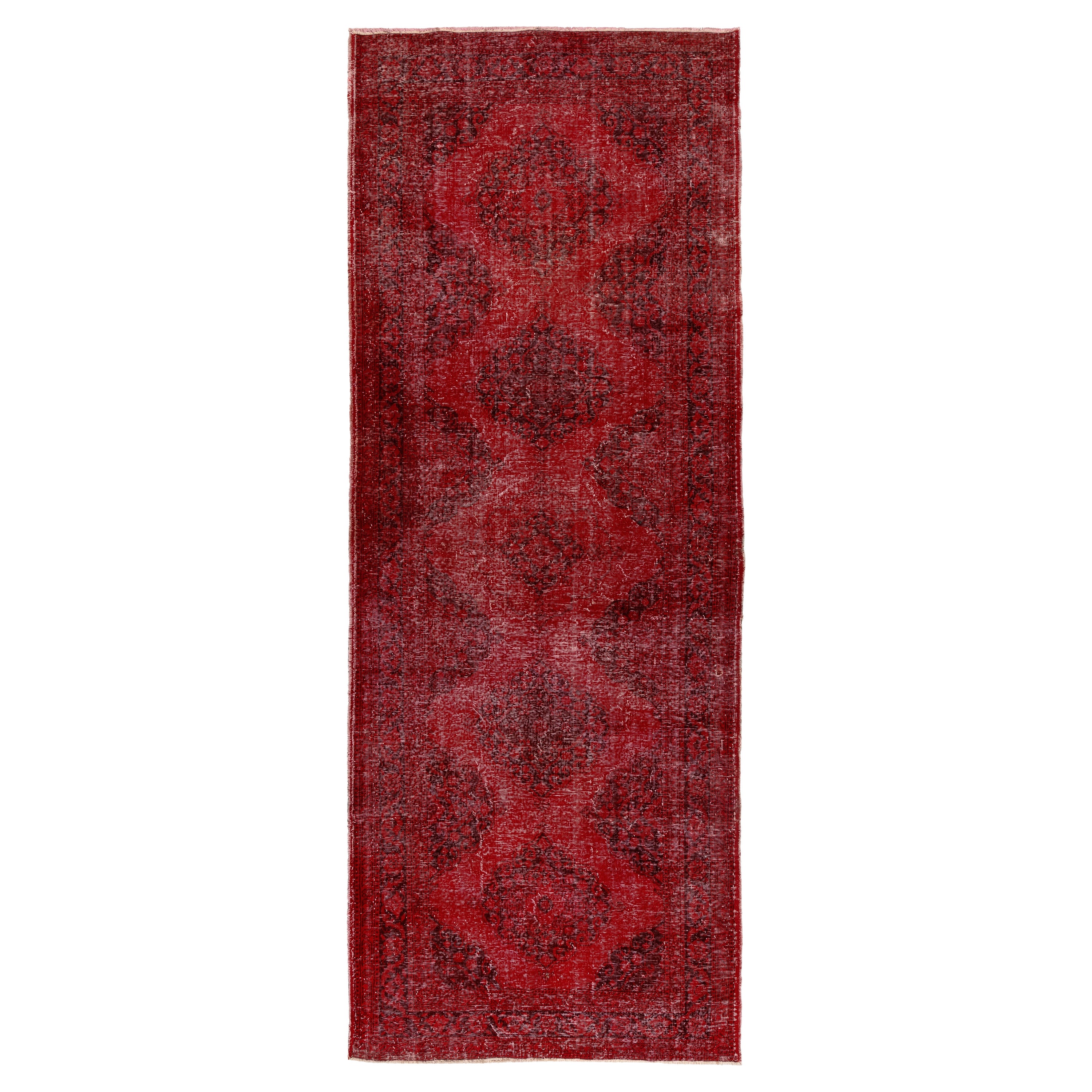 4.7x12.5 Ft Modern Handmade Vintage Turkish Runner Rug in Red for Hallway Decor For Sale
