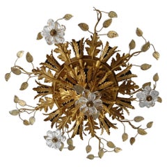 Lustre encastré Maison Baguès Cristal Fleurs Feuilles 15 Lumières Signé