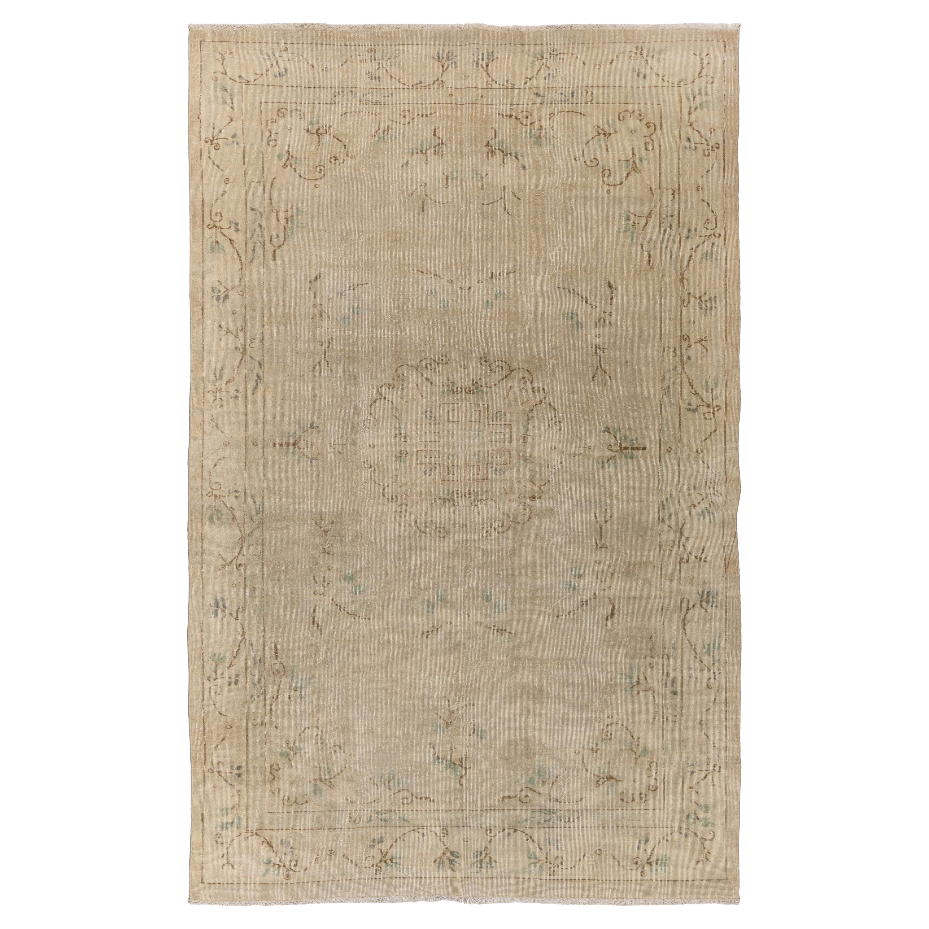 6.5x10 Ft. Art Deco Chinese design Vintage Handmade Area Rug in Neutral Colors For Sale