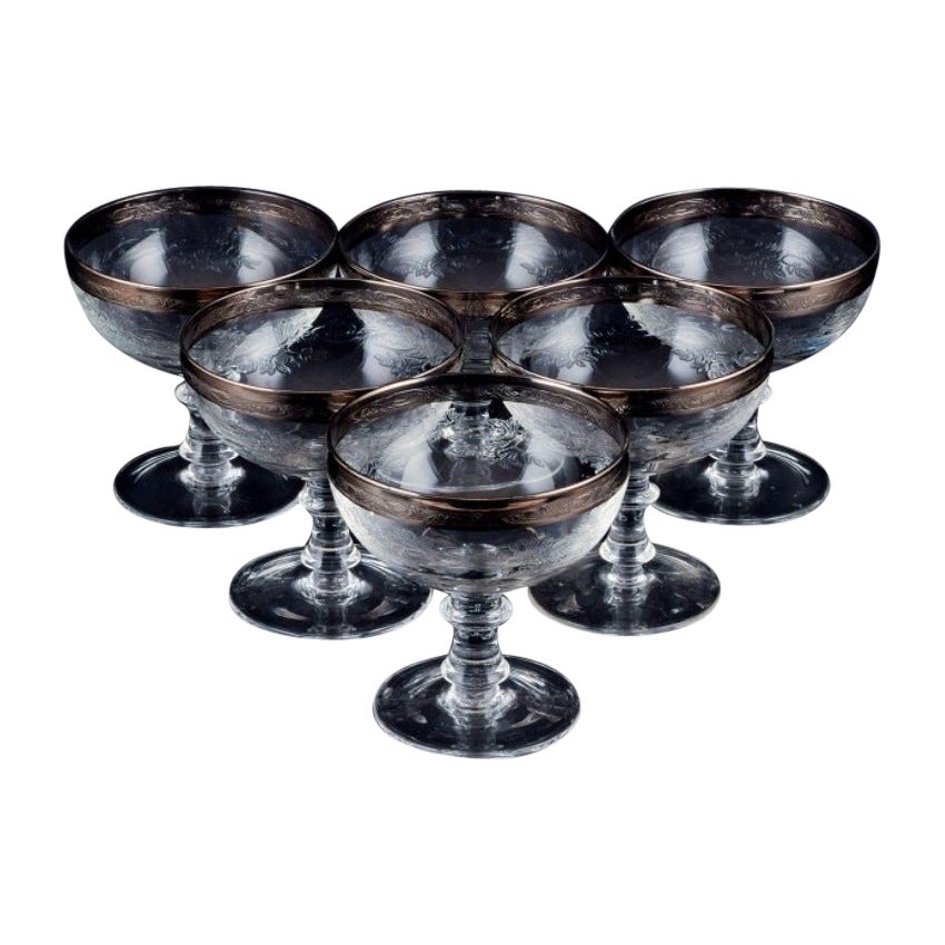 Murano, Italy, Six Mouth-Blown Engraved Champagne Glasses with Silver Rim  For Sale