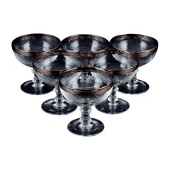 Murano, Italy, Six Mouth-Blown Engraved Champagne Glasses with Silver Rim 