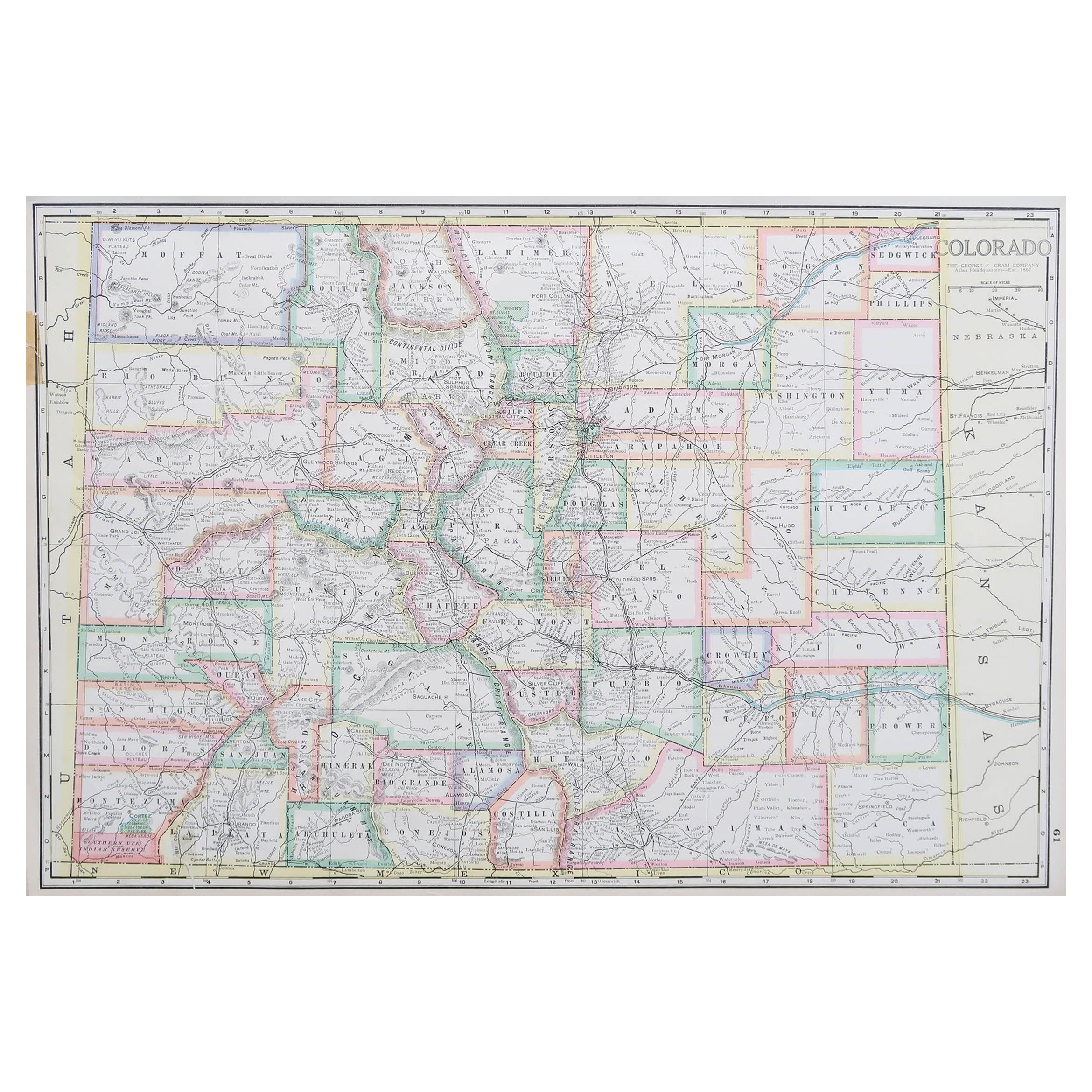 Grande carte ancienne du Colorado, USA circa 1900