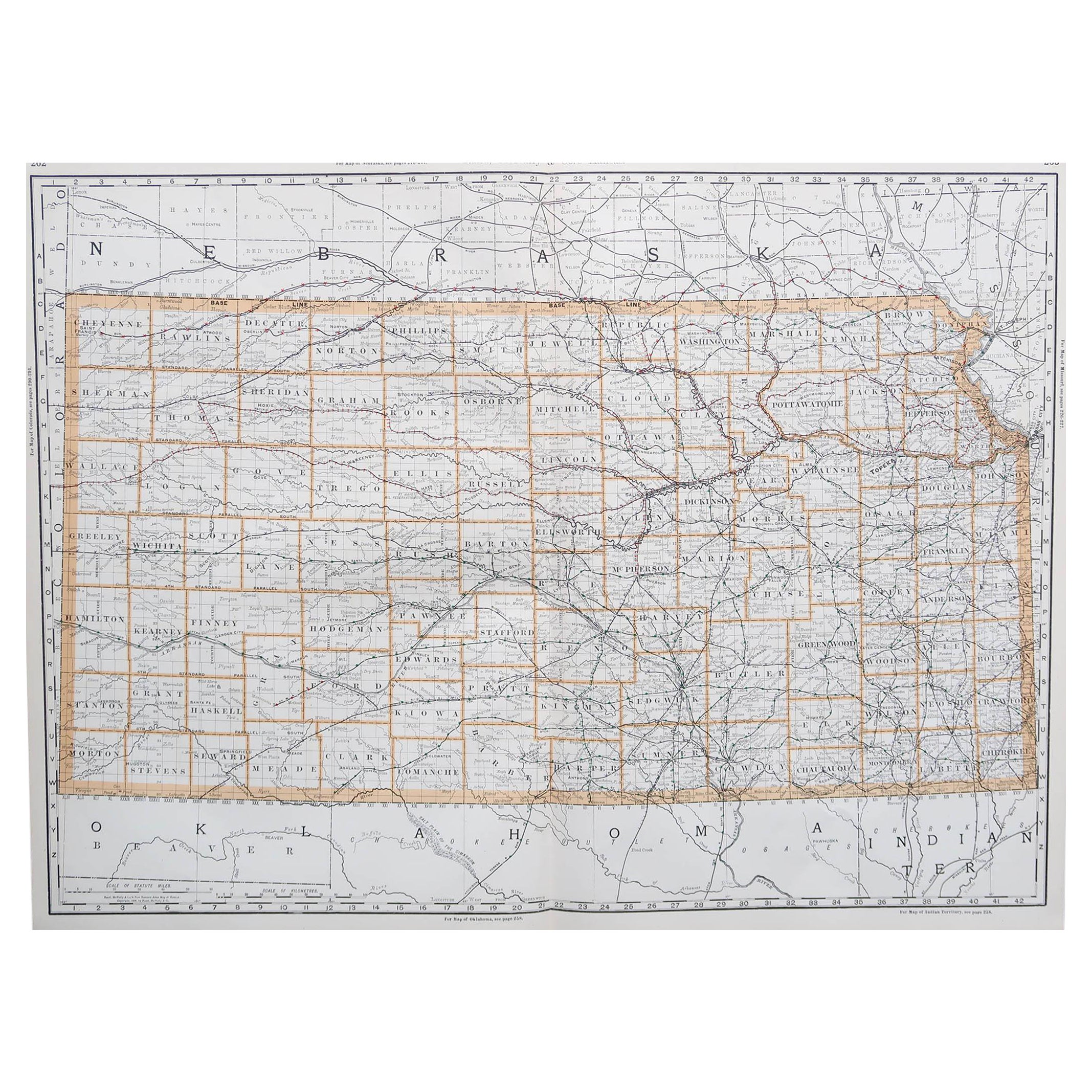 Large Original Antique Map of Kansas, USA, 1894 For Sale