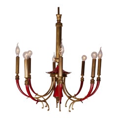 Pietro Chiesa 1940s Solid Brass Venice Red Lacquered Italian Chandelier Arteluce