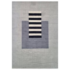 Grey, carpet, modern, geometrical black and white stripes, hand woven, rug