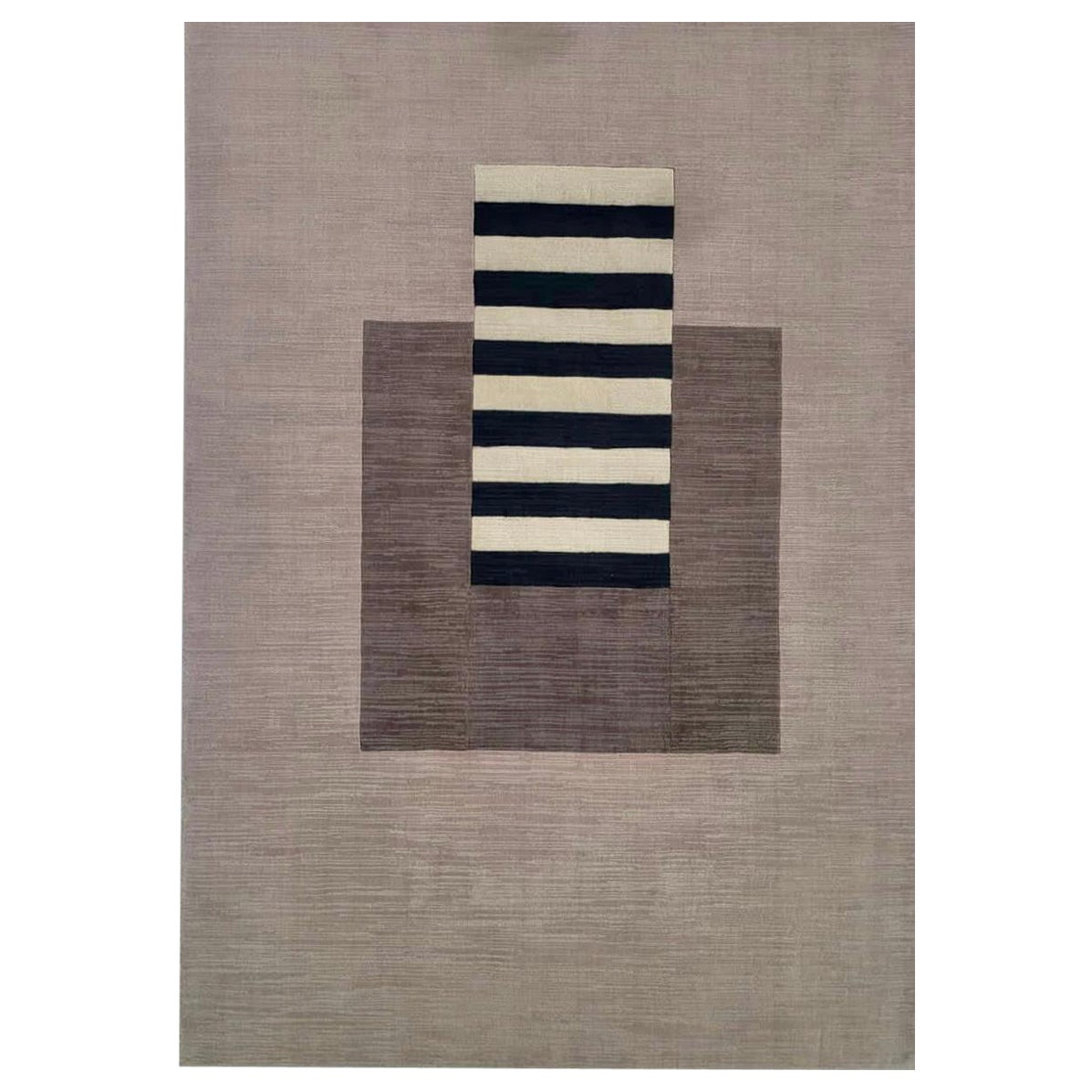  Brown, rug, handwoven, white black stripes, beige background 100pct wool carpet For Sale