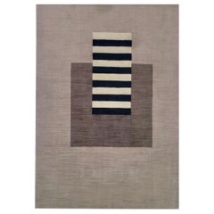  Brown, Teppich, handgewebt, weiß-schwarz gestreift, beiger Hintergrund 100pct Wollteppich