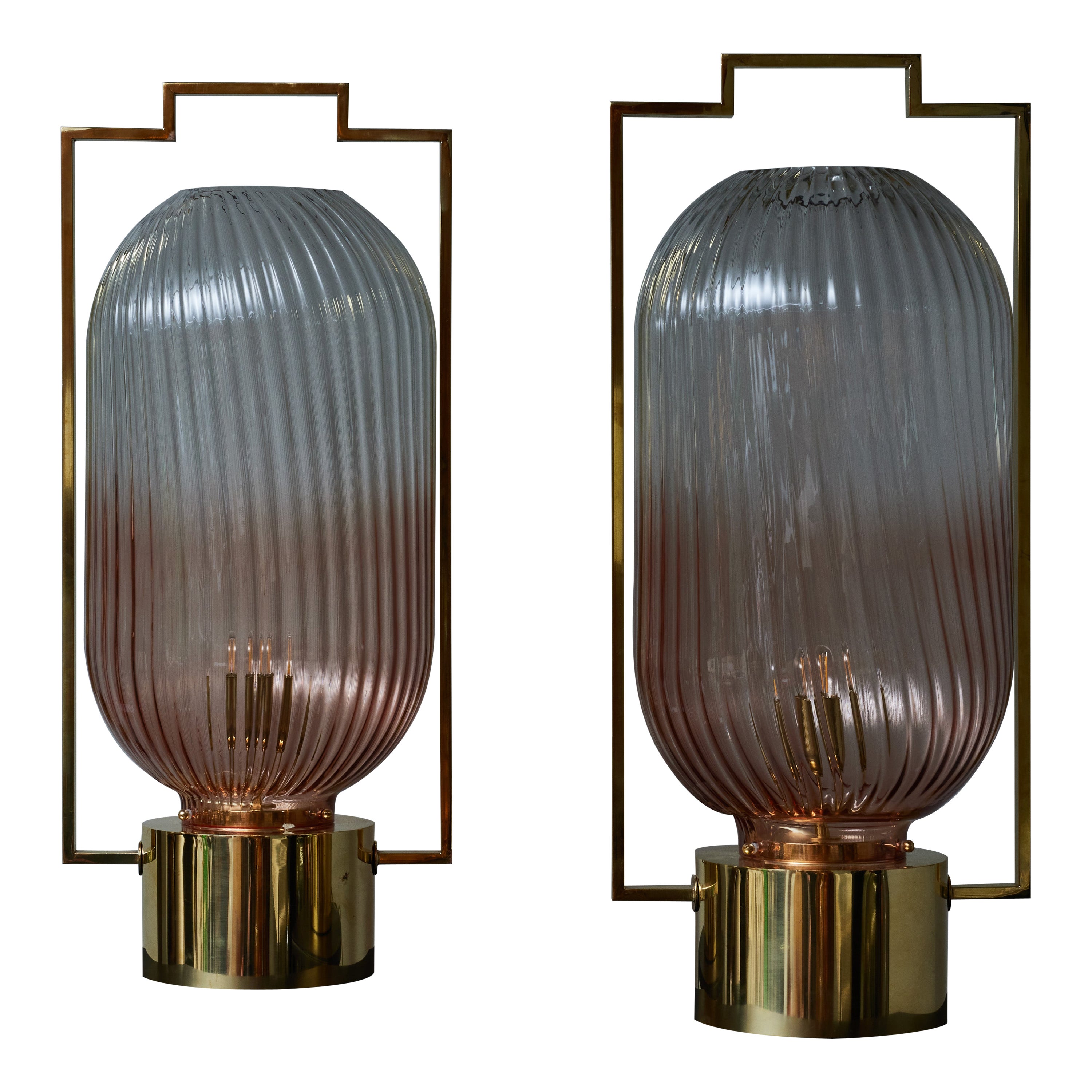 Pair of Brass and Pink Murano Glass Lantern Style Table Lamps For Sale