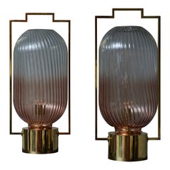 Pair of Brass and Pink Murano Glass Lantern Style Table Lamps
