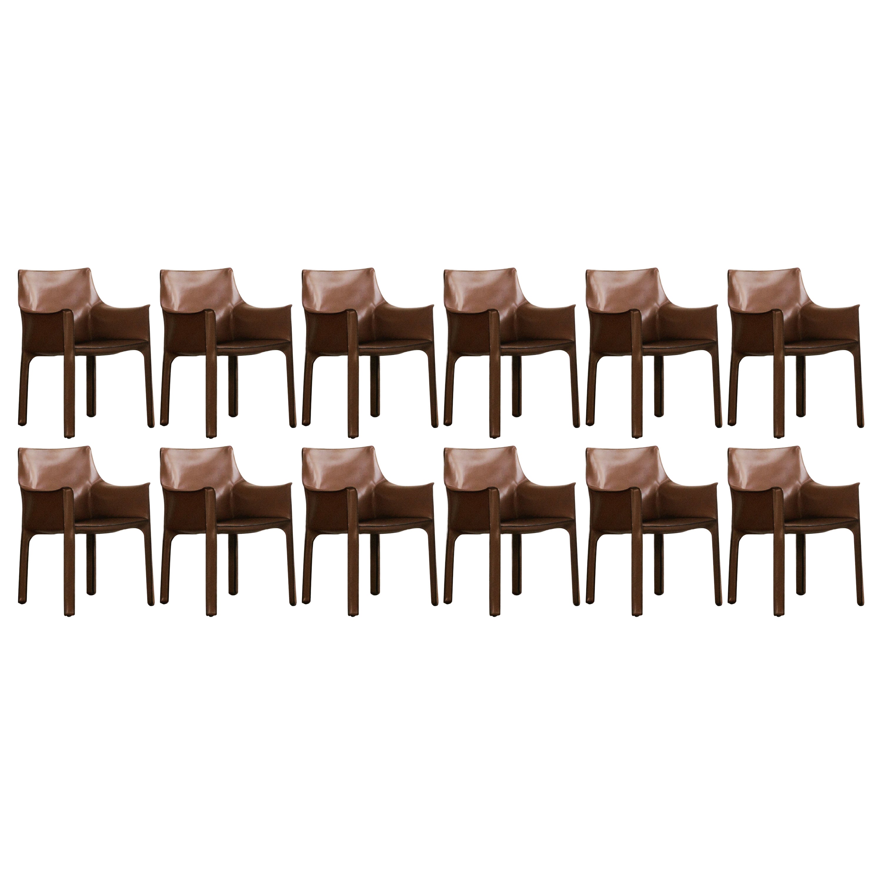 Mario Bellini “CAB 413” Chairs for Cassina, Hazelnut Leather, 1977, Set of 12