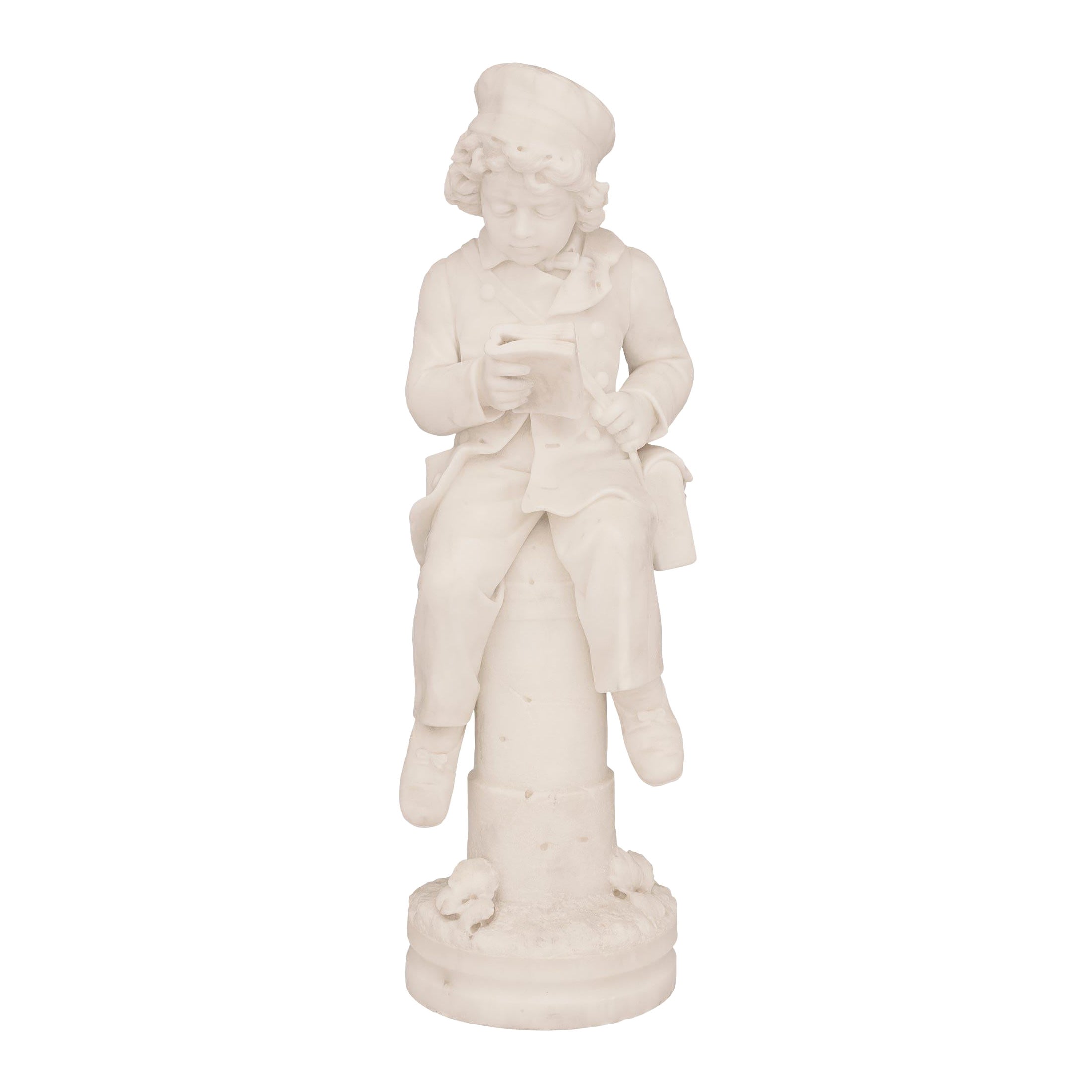 Italian 19th Century White Carrara Marble Statue of a Young Boy Reading a Book For Sale
