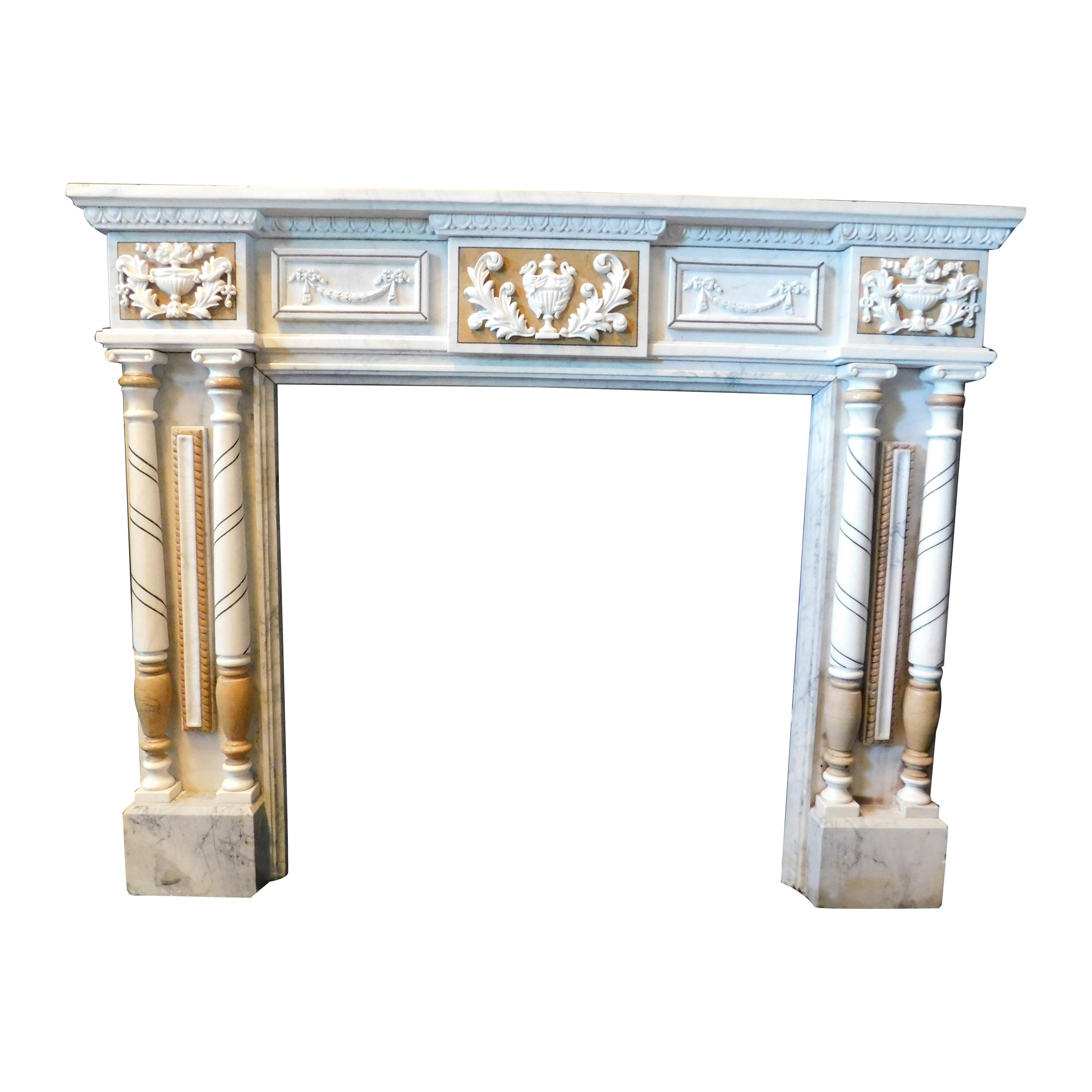 Vintage Fireplace in Carved and Inlaid White Marble, Early 1900s, Italy For Sale