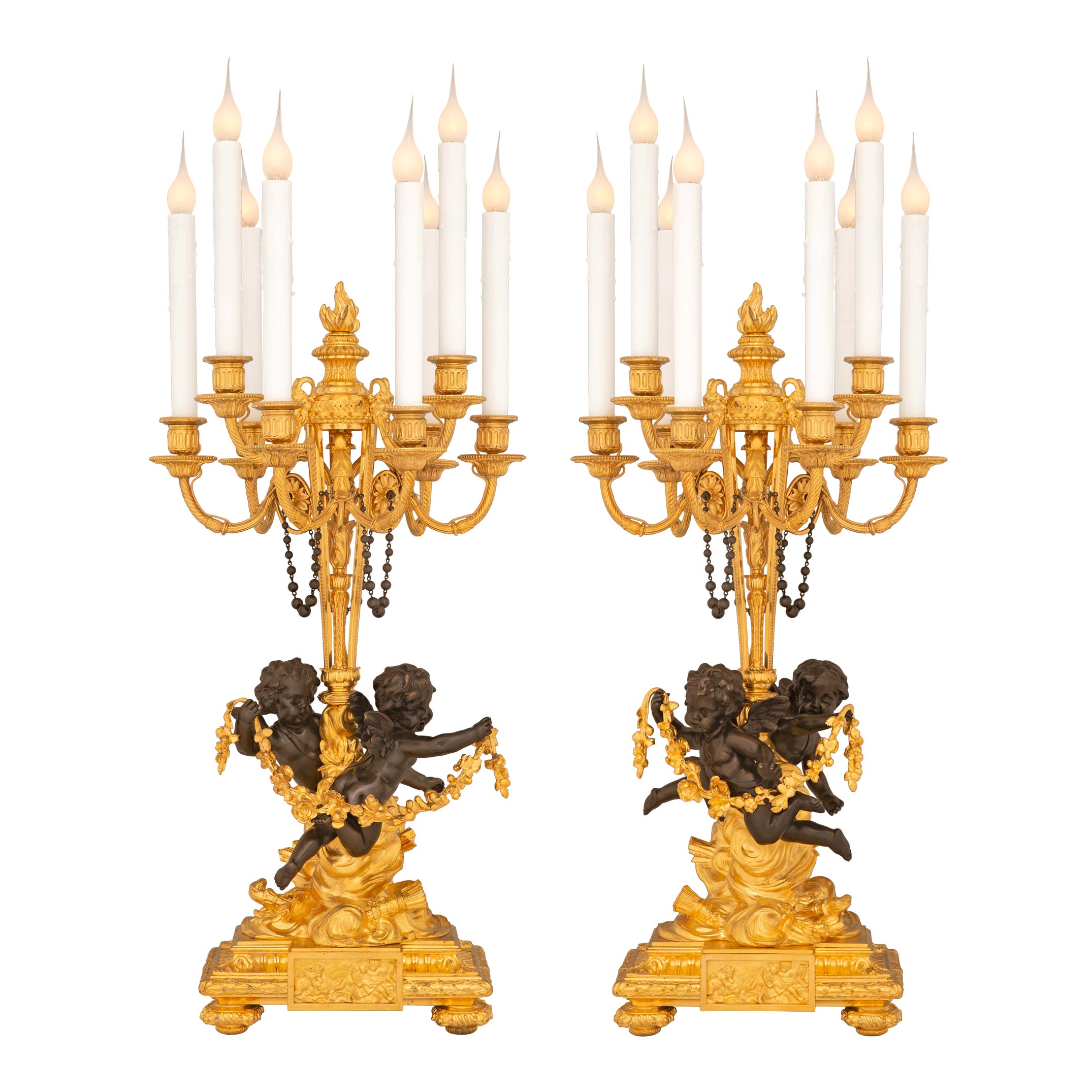 True Pair of French 19th Century Belle Époque Period Ormolu Candelabra Lamps For Sale