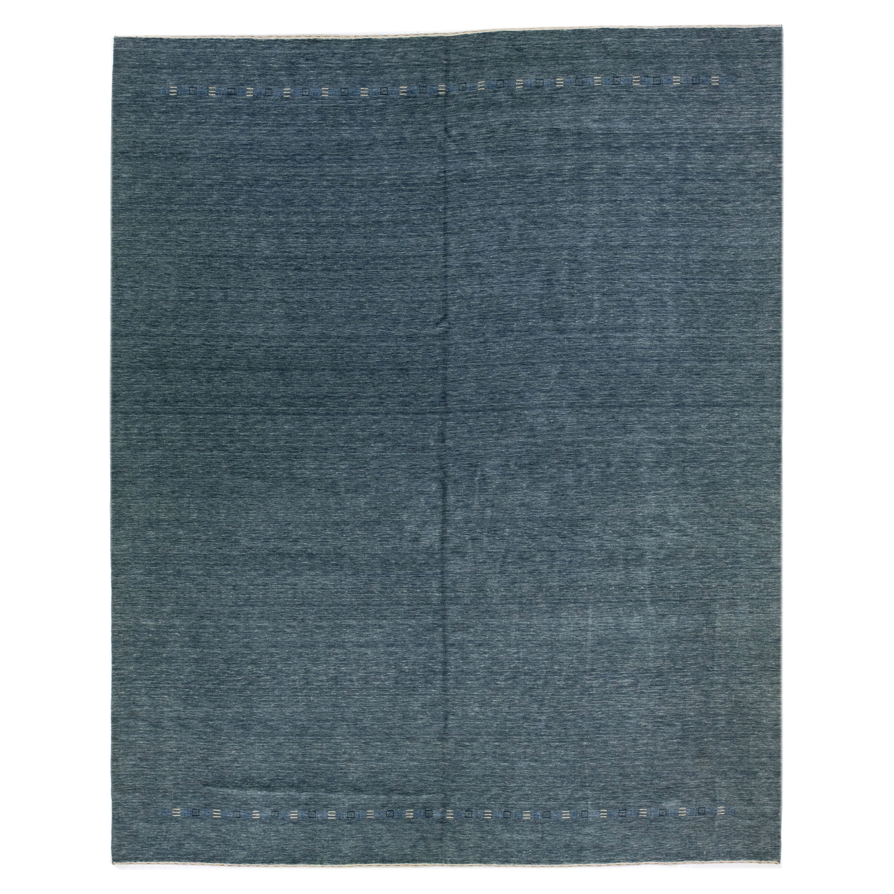 Blue Modern Gabbeh Style Wool Rug with Minimalist Design 
