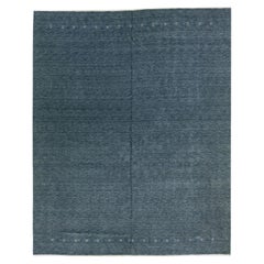 Tapis moderne en laine bleu de style Gabbeh avec design minimaliste 