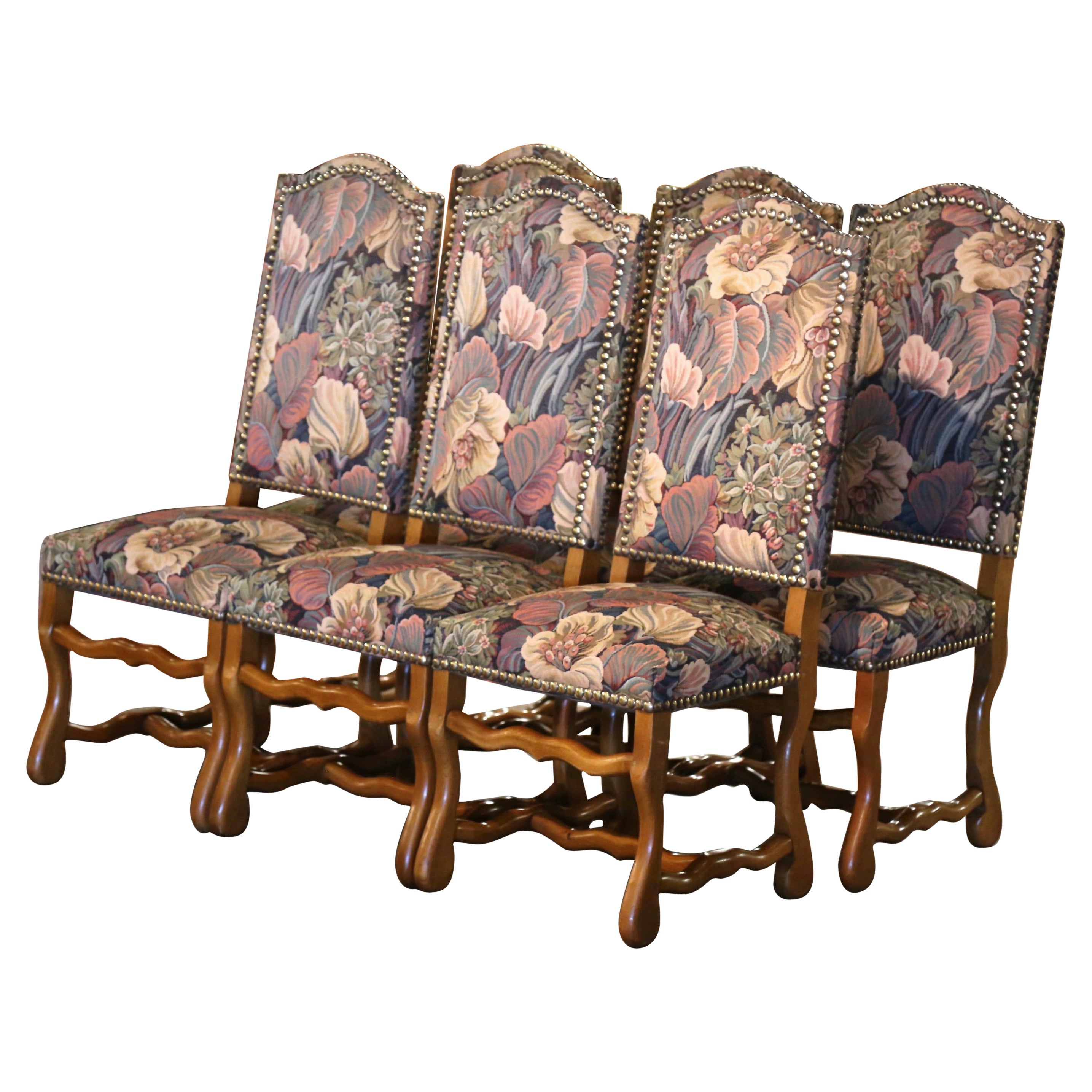 Satz von 6 französischen geschnitzten Schafknochen-Esszimmerstühlen im Vintage-Stil mit Wandteppich