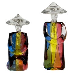 Pareja italiana del siglo XX de granjeros japoneses de cristal de Murano de Archimede Seguso