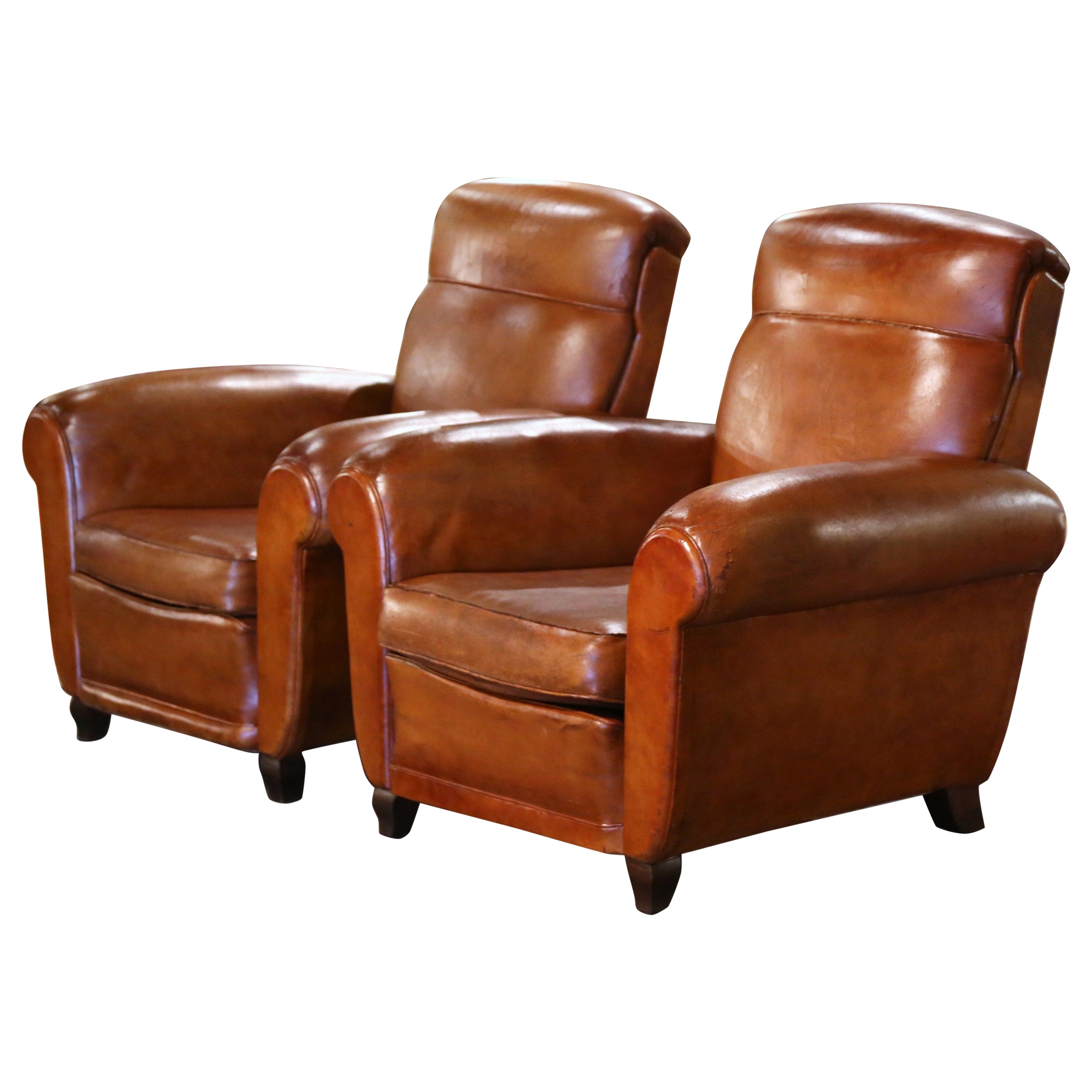 Pair of 1920s French Art Deco Club Armchairs with Original Brown Leather For Sale