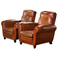 Vintage Pair of 1920s French Art Deco Club Armchairs with Original Brown Leather