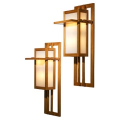 large pair of modernist wood and glass sconces Frank Lloyd Wright style